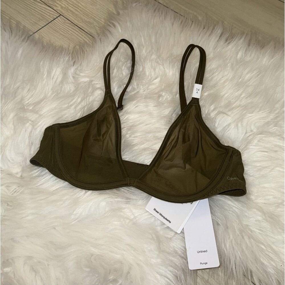 Calvin Klein QF6727 Sheer Marquisette Unlined Plunge Bra Womens 34A Green New